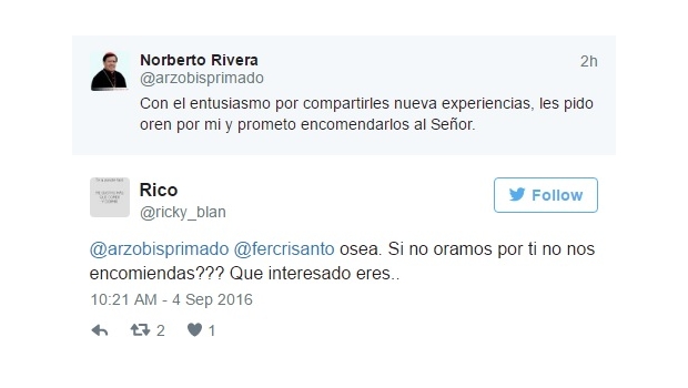 Debuta Norberto Rivera en Twitter, y lo tunden